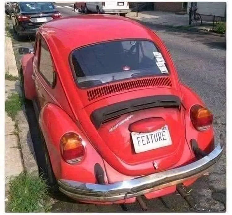 A pun showing an image of a Volkswagen Bug vehicle with the license plates: "feature".